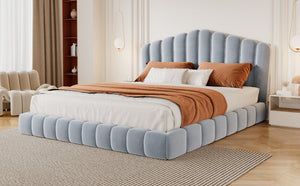 Velvet Upholstered Queen Bed with Shell-Shaped Headboard