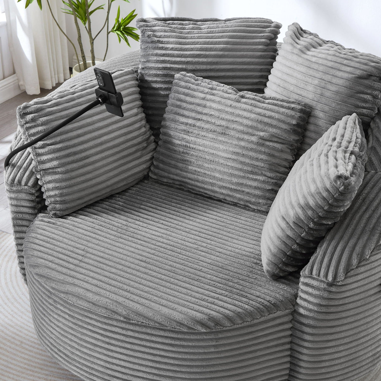 Swivel Accent Barrel Chair With Adjustable Phone Holder, 5 Pillows For Living Room
