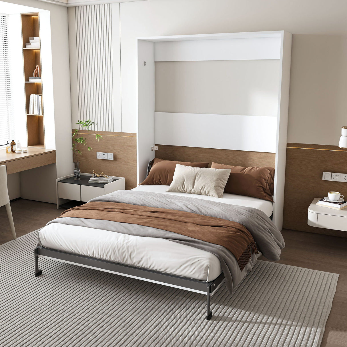 Queen Murphy Bed, Foldable Wall Bed, Space Saving Design For Bedrooms - White