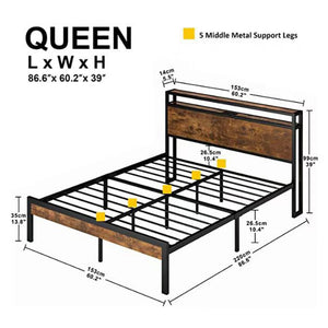 Metal Platform Bed Frame With Wooden Headboard And Footboard With USB Liner, No Box Spring Needed, Under Bed Storage