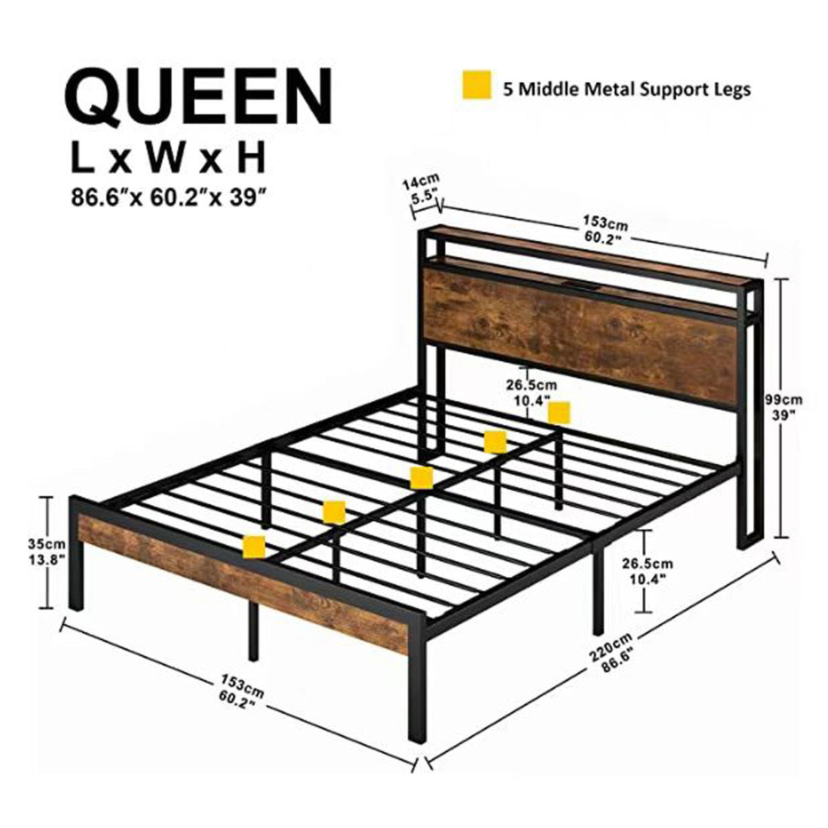 Metal Platform Bed Frame With Wooden Headboard And Footboard With USB Liner, No Box Spring Needed, Under Bed Storage