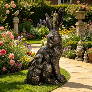 21'' Tall Mother Hare & Baby Cuddling Garden Statue