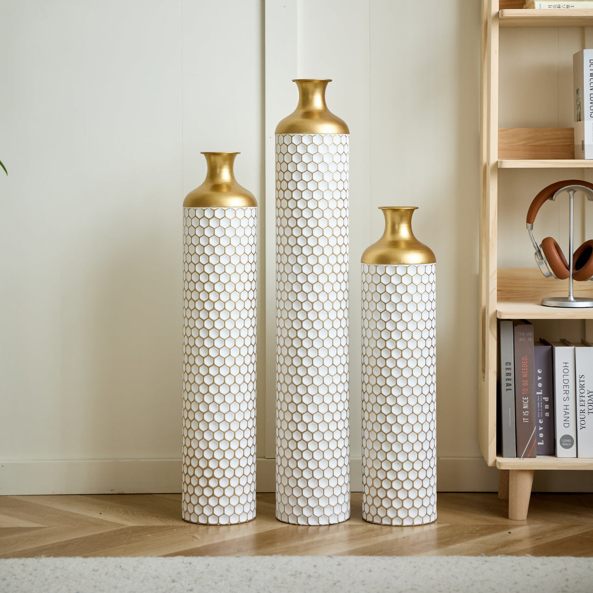3-Piece Modern Metal Vase Set - White & Gold