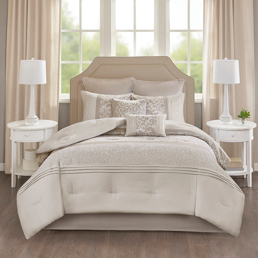Embroidered 8 Piece Comforter Set Neutral King