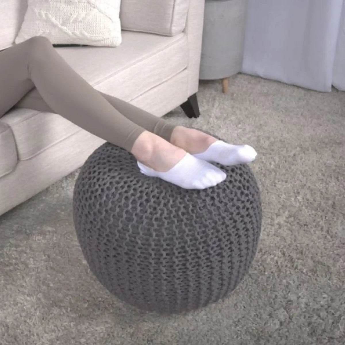 Knitted Cotton Round Pouf Ottoman with Soft Textured Cover - Dark Gray, Yellow, Blue