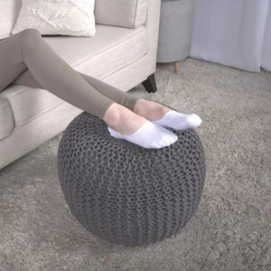 Knitted Cotton Round Pouf Ottoman with Soft Textured Cover - Dark Gray, Yellow, Blue