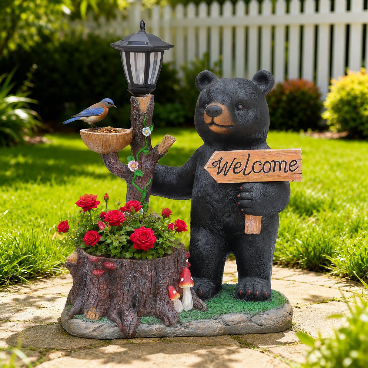 Decorative Standing Black Bear Garden Planter with Solar-Powered Lantern