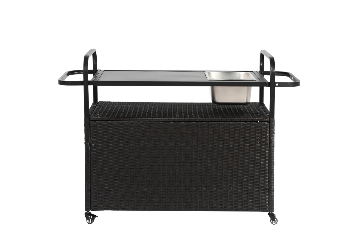 Outdoor Bar Table with Wicker Bar Cart and Steel Top