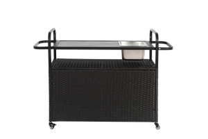 Outdoor Bar Table with Wicker Bar Cart and Steel Top