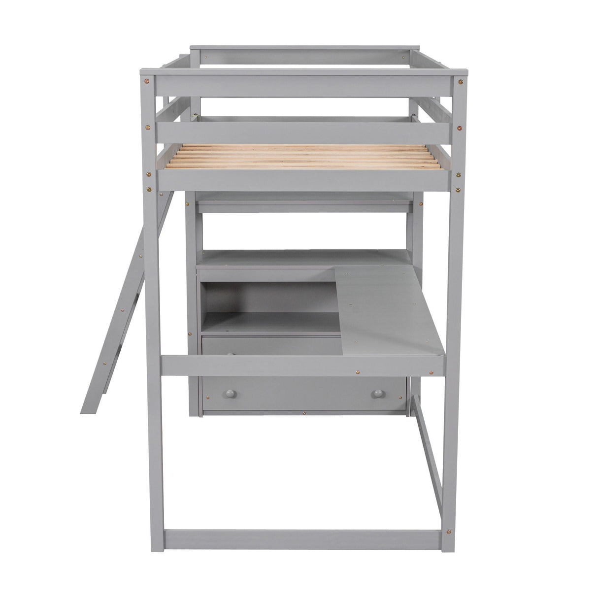 Modern Loft Bed With Built In Desk, Shelves, And 2 Drawers
