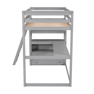 Modern Loft Bed With Built In Desk, Shelves, And 2 Drawers