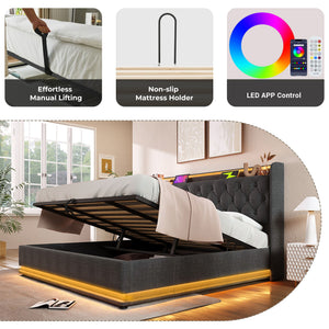 Upholstered Bed, 360 Surround LED Function, Remote Control, Hydraulic Storage Bed With USB, Type-C Charging (Without Mattress)