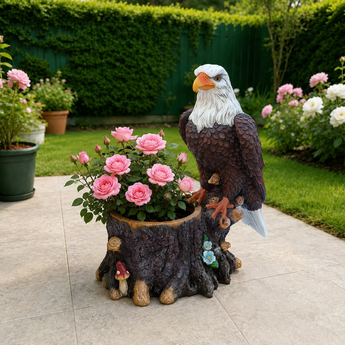 Realistic Standing Eagle Garden Planter on Tree Stump