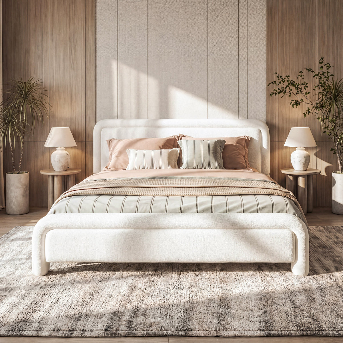 Queen Size Upholstered Platform Bed Frame with Curved Headboard