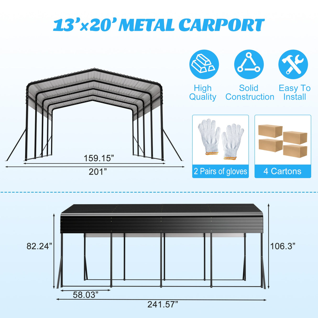 13x20 FT Metal Carport with Upgraded Frame