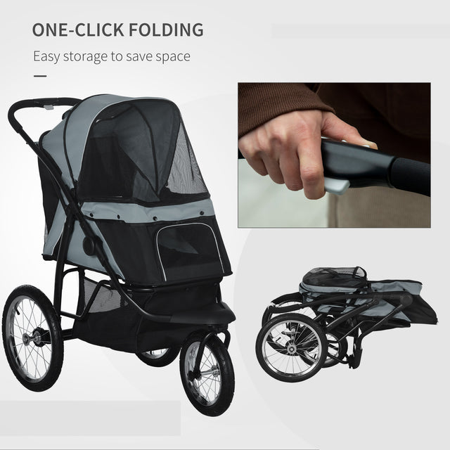 PawHut-Pet-Stroller-for-Small-and-Medium-Dogs,-3-Big-Wheels-Foldable-Cat-Stroller-with-Adjustable-Canopy,-Safety-Tether,-Storage-Basket,-Gray-Pet-Supplies