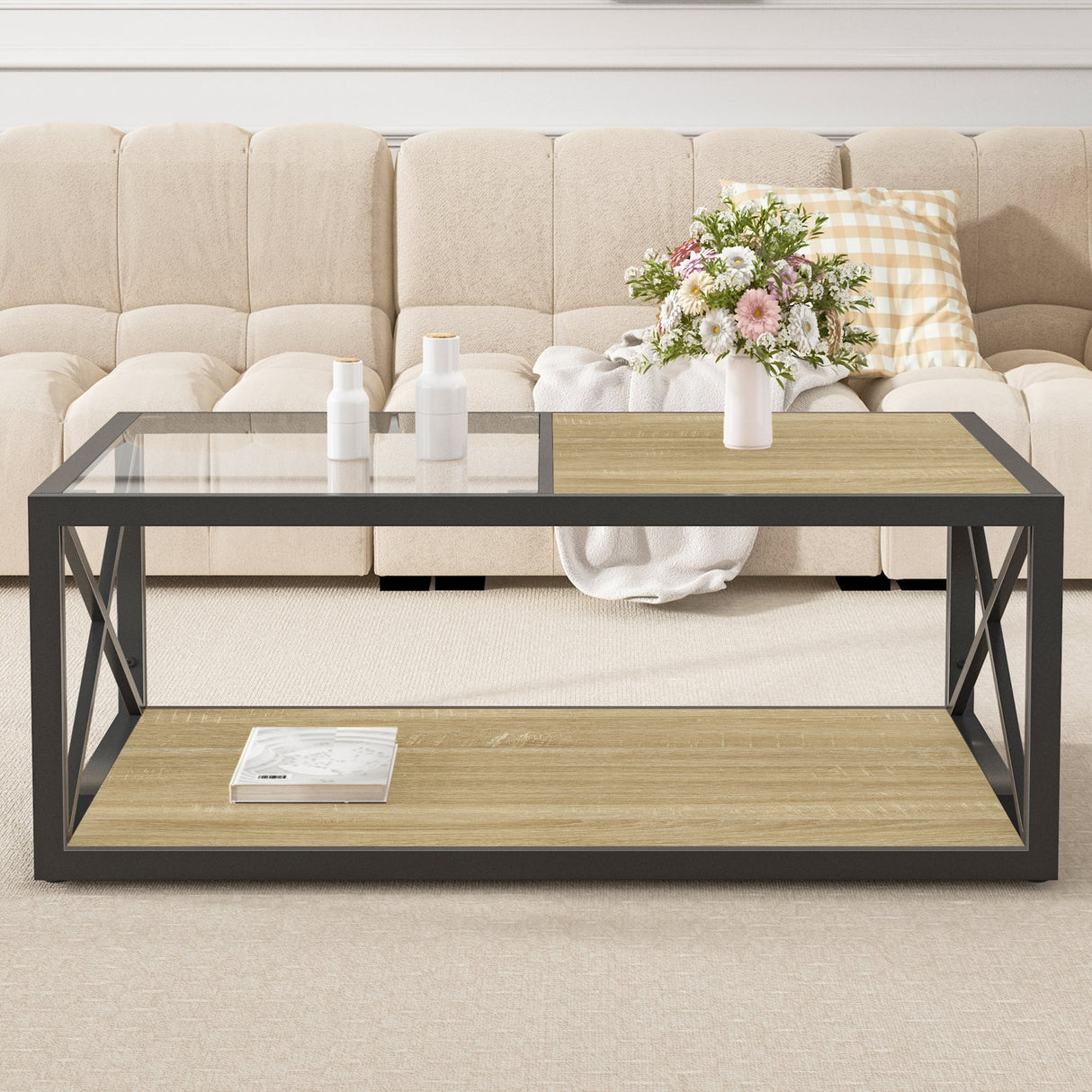 Modern Coffee Table with Tempered Glass and Natural Wood MDF Top