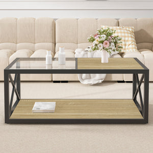 Modern Coffee Table with Tempered Glass and Natural Wood MDF Top