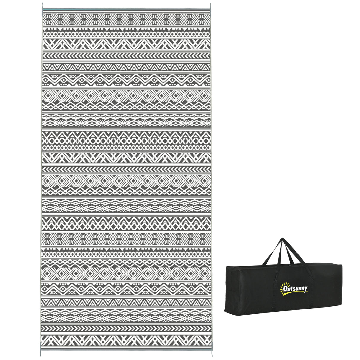 Reversible outdoor rug, 9' x 18' waterproof plastic straw floor mat, gray & cream white boho
