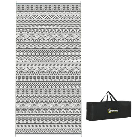 Reversible outdoor rug, 9' x 18' waterproof plastic straw floor mat, gray & cream white boho