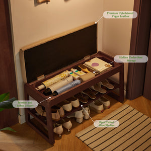Wood Shoe Storage Bench with Premium Vegan Leather Seat