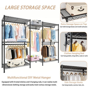 Heavy Duty Garment Rack With 8 Adjustable Wire Shelves And 5 Clothes Rails, Freestanding Closet Organizer Metal - Black