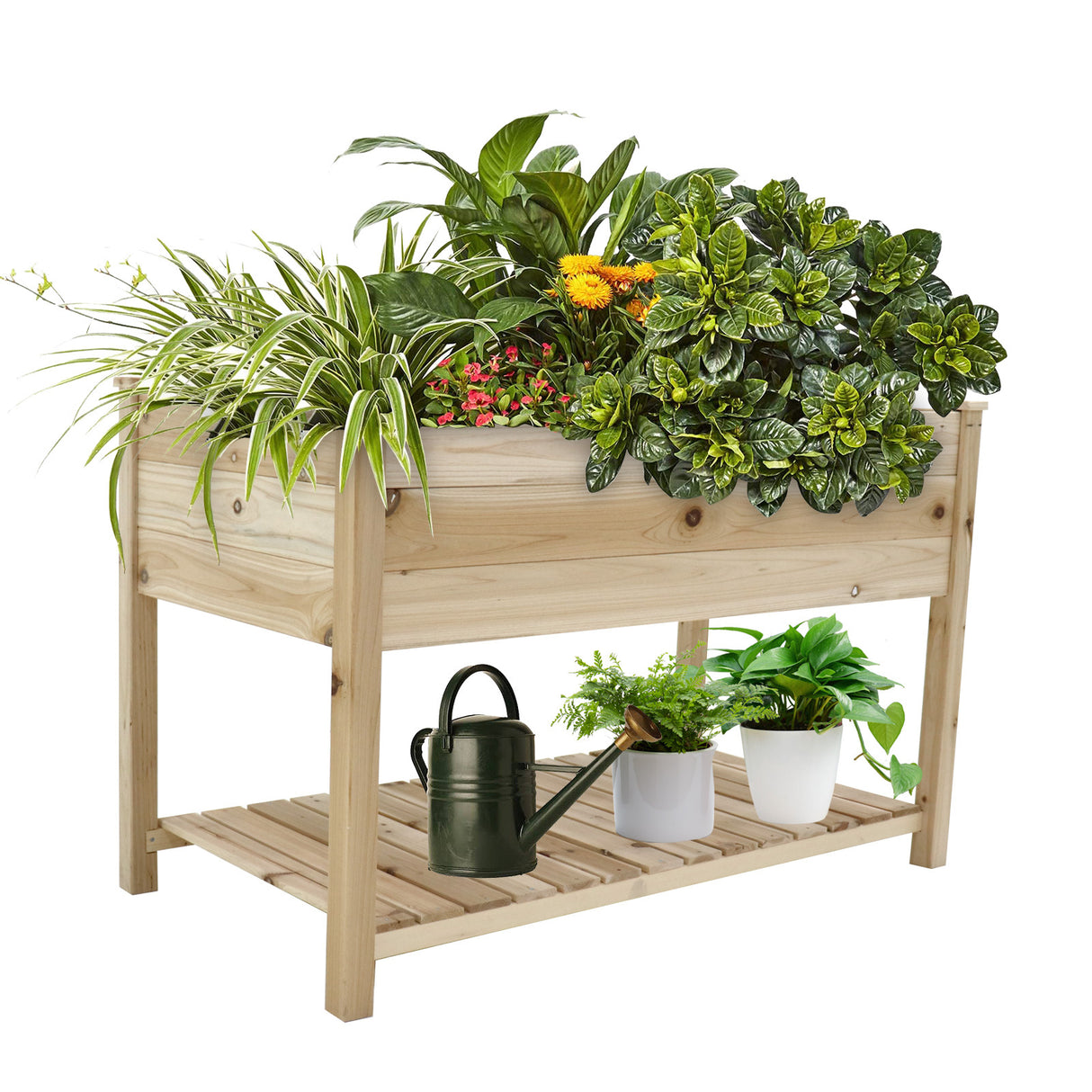 Raised garden bed planter box with legs & storage shelf wooden elevated vegetable growing bed for flower/herb/backyard/patio/balcony 48.5x30x24.4in(colourless)