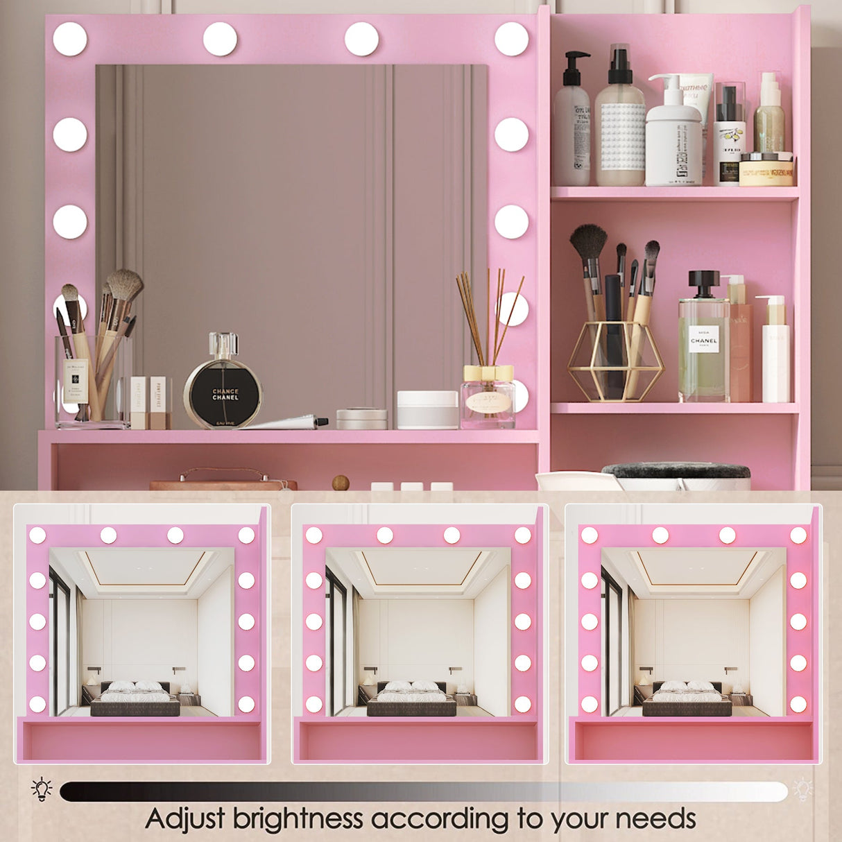 Pink Vanity Desk with Mirror & Light