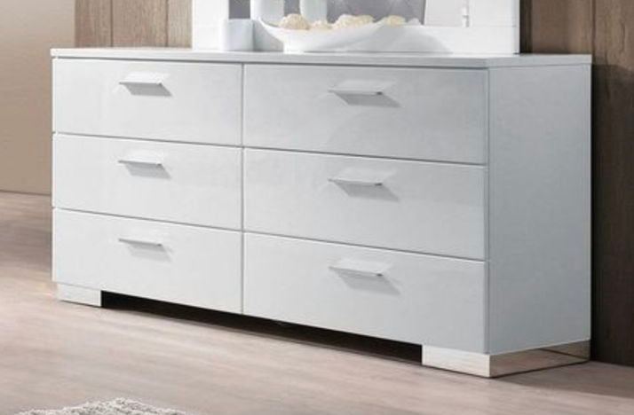 Modern White Dresser with 6 Drawers - High-Gloss Wood Bedroom Storage