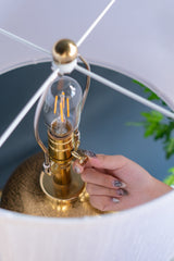 D15x25.7' Round Aluminum Sheet Gold Table Lamp with White Fabric Shade