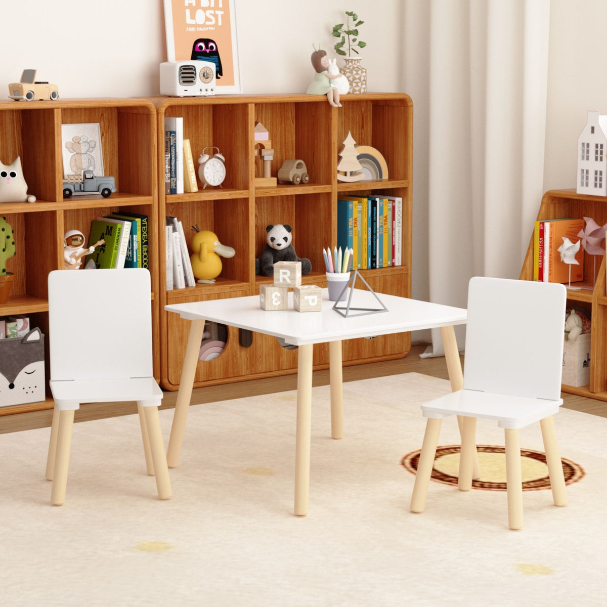 Kids Table And 2 Chairs Set with Solid Wood Construction - White