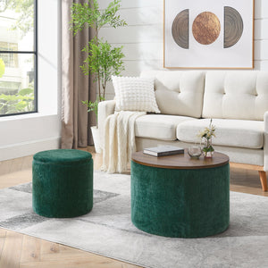 Classic Style 2-Piece Round Chenille Storage Ottoman Set with Drum Shaped Stool