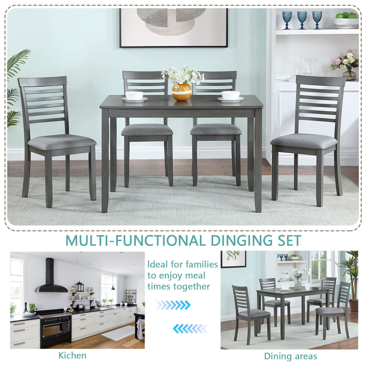 5 Pieces Modern Dining Set, Rectangular Wooden Dining Table With 4 Upholstered Chairs