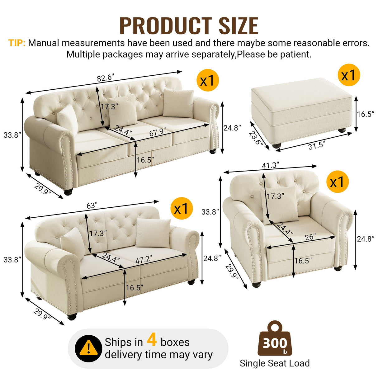 Upholstered Sofa Set With Nailhead Trim and Rolled Armrests, Includes Pillows