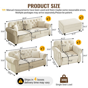Upholstered Sofa Set With Nailhead Trim and Rolled Armrests, Includes Pillows