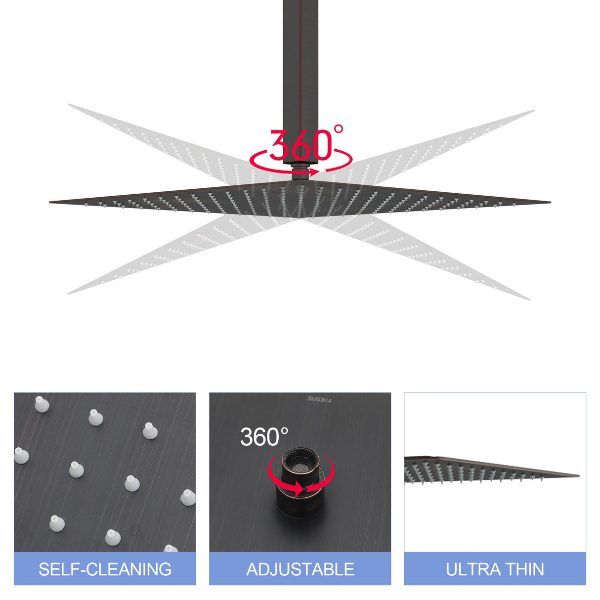 16" Square Rainfall Shower Head Fixed Wall Mount With Full Body Coverage & Self Cleaning Silicone Nozzles
