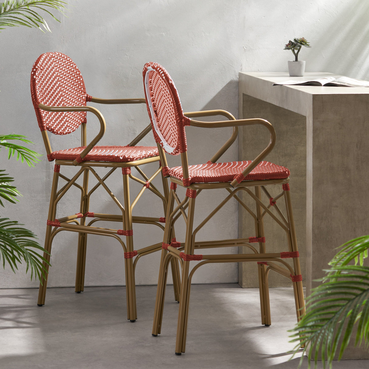 Outdoor Wicker and Aluminum French Barstools, Set of 2