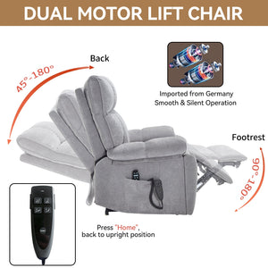 Grey Heat Massage Dual Motor Power Lift Recliner with Chenille Upholstery - Grey