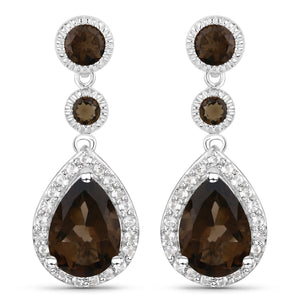 7.34 Carat Genuine Smoky Quartz and White Topaz .925 Sterling Silver Earrings