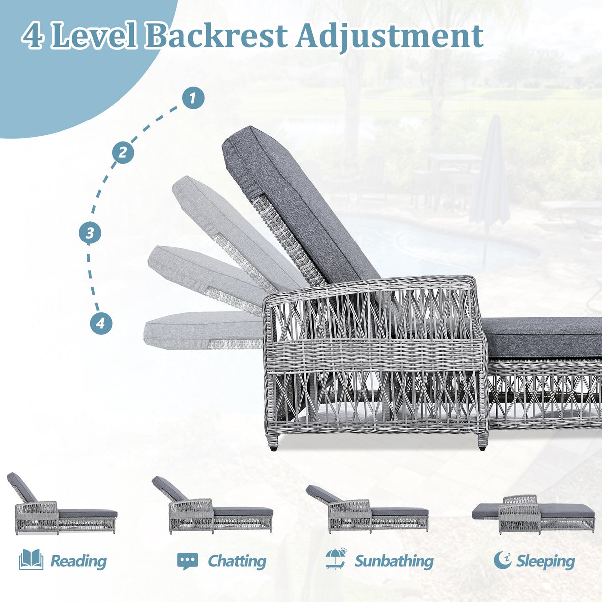 GO Outdoor Long Reclining Chaise with Armrests and Cushions