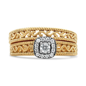 14K Yellow Gold Plated .925 Sterling Silver 1/5 Cttw Diamond Halo and Milgrain Finish Engagement Ring Bridal Set (I-J Color I3 Clarity) - Size 7