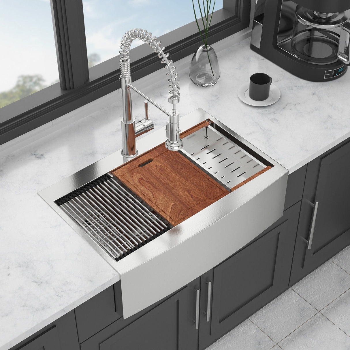 Modern Farmhouse Drop-In Workstation Kitchen Sink with Apron Front