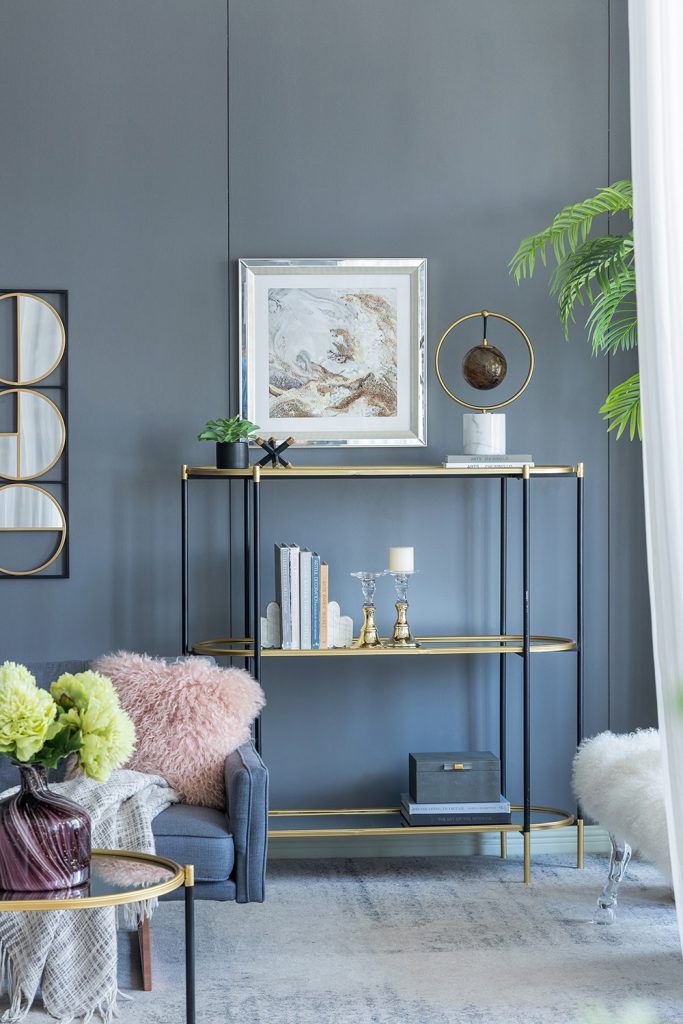 3 Tier Metal Console Table, Mirrored Shelf - Golden Black