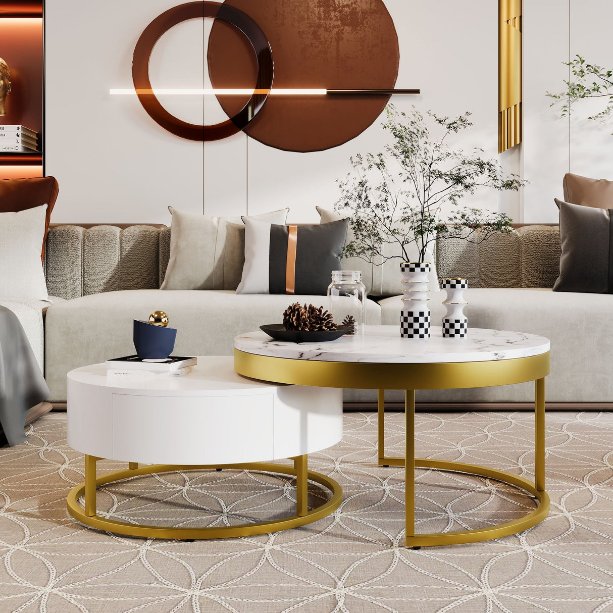 Round Nesting Coffee Table with Drawers - Golden / White