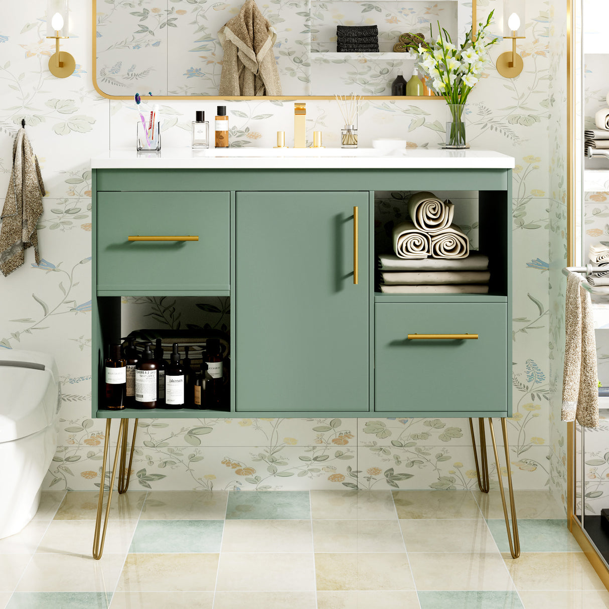 36'' bathroom vanity with resin sink combo set, modern freestanding single bathroom cabinet with 2 drawers & 2 storage compartments, storage cabinet for bathroom, solid wood frame vanity set, green