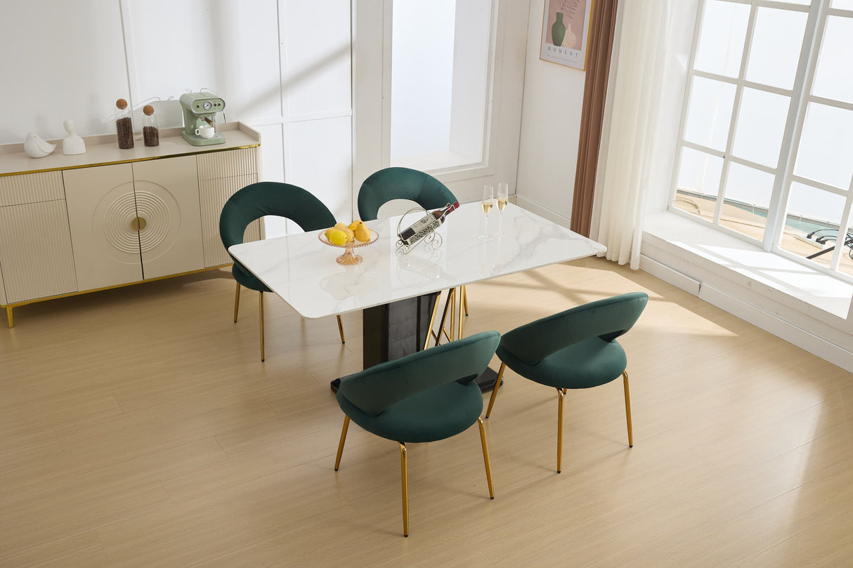 Set of 1 Velvet Fabric Dining Chair with Curved Backrest and Golden Metal Legs