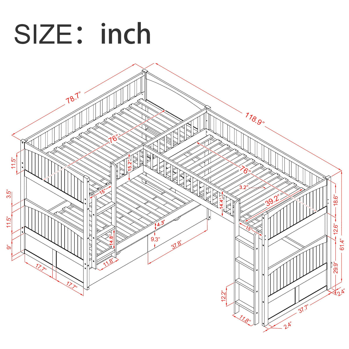 Bunk Bed With Loft And 2 Drawers