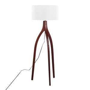 Wishbone Contemporary Floor Lamp in Walnut Wood with White Fabric Shade