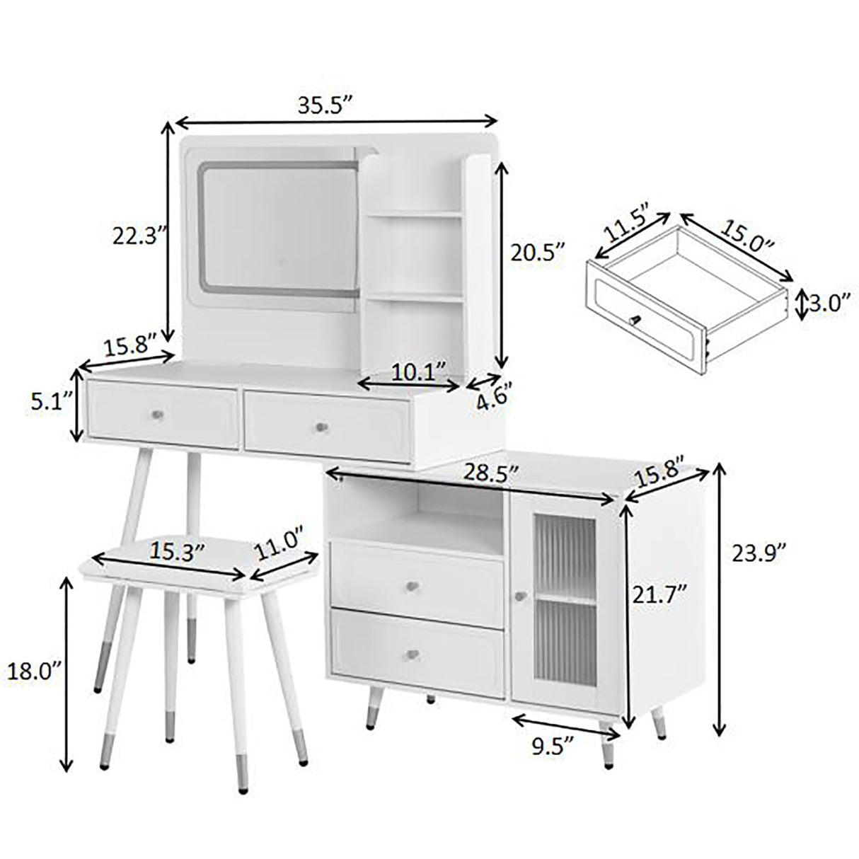 Modern Makeup Vanity Desk With Mirror And Lights Retractable Design Engineered Wood - Black