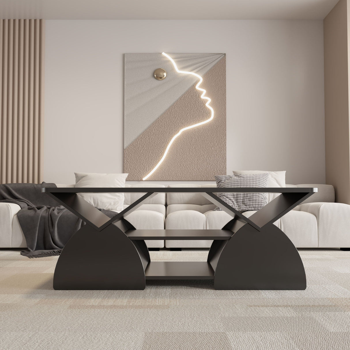 Geometric Engineered Coffee Table With Rounded Corners With Open Shelves
